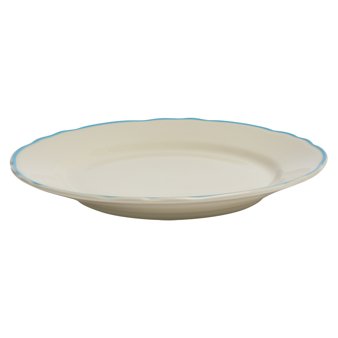 Beige ceramic plate with a blue rim on a white background