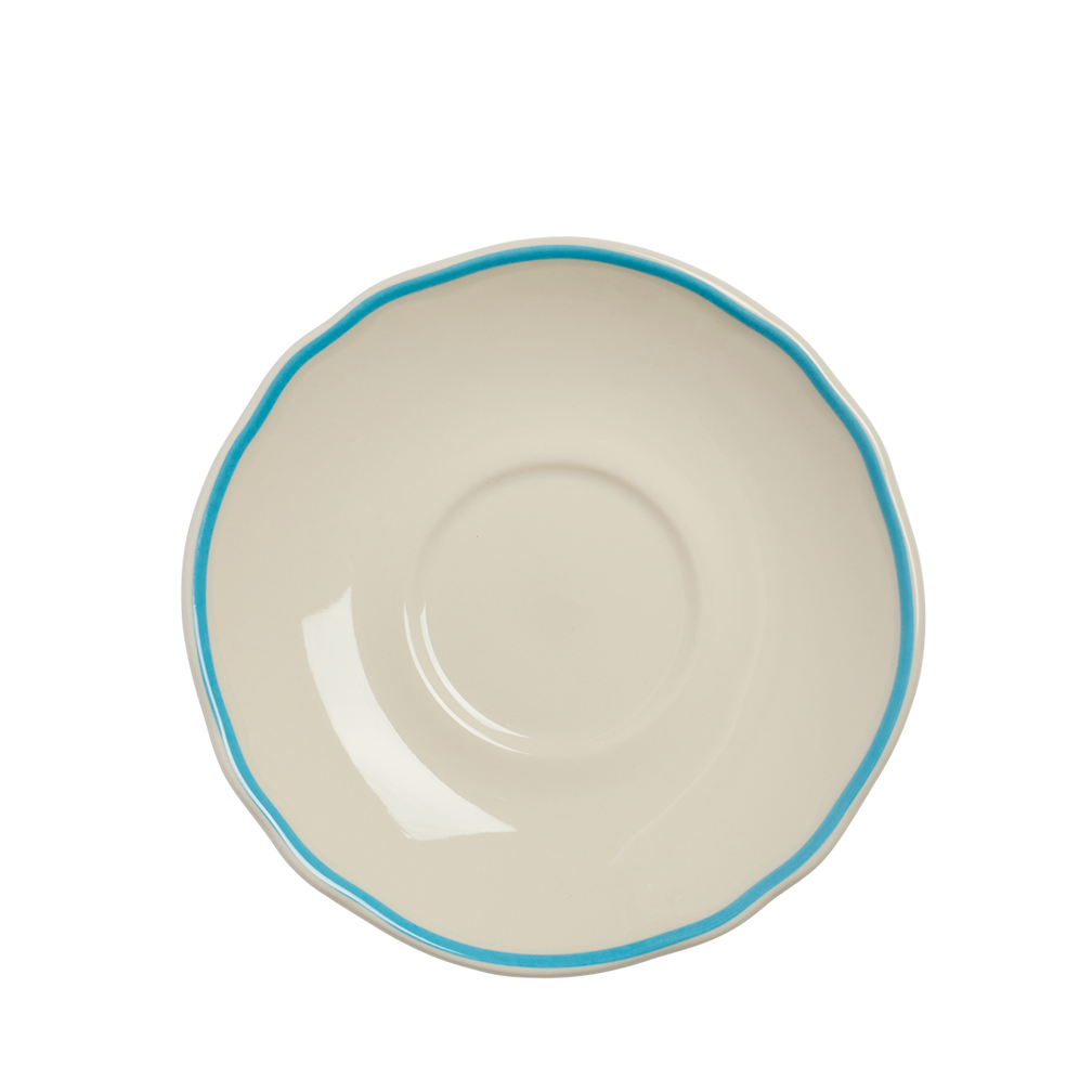 Ceramic bowl with blue rim on a white background