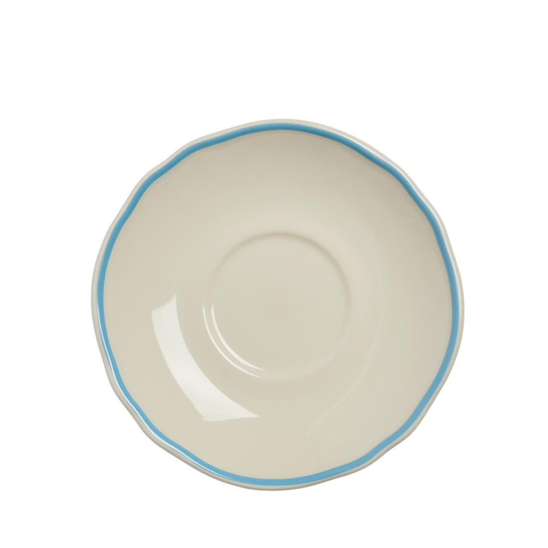 Ceramic bowl with blue rim on a white background