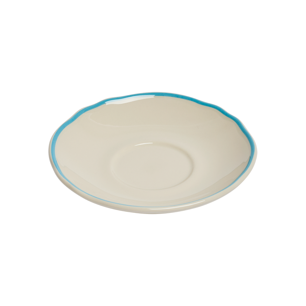 White ceramic plate with a blue rim on a white background