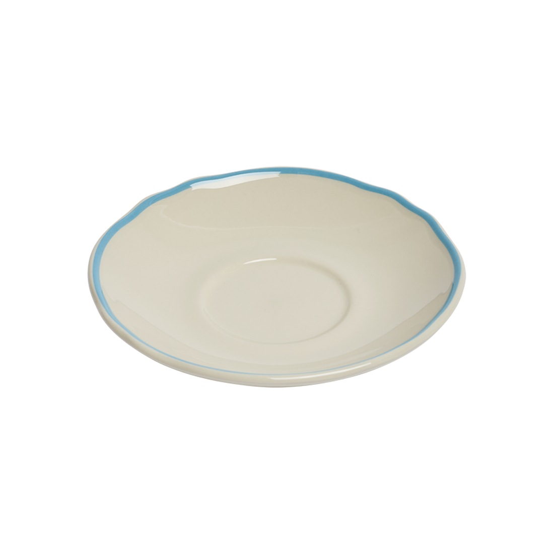 White ceramic plate with a blue rim on a white background