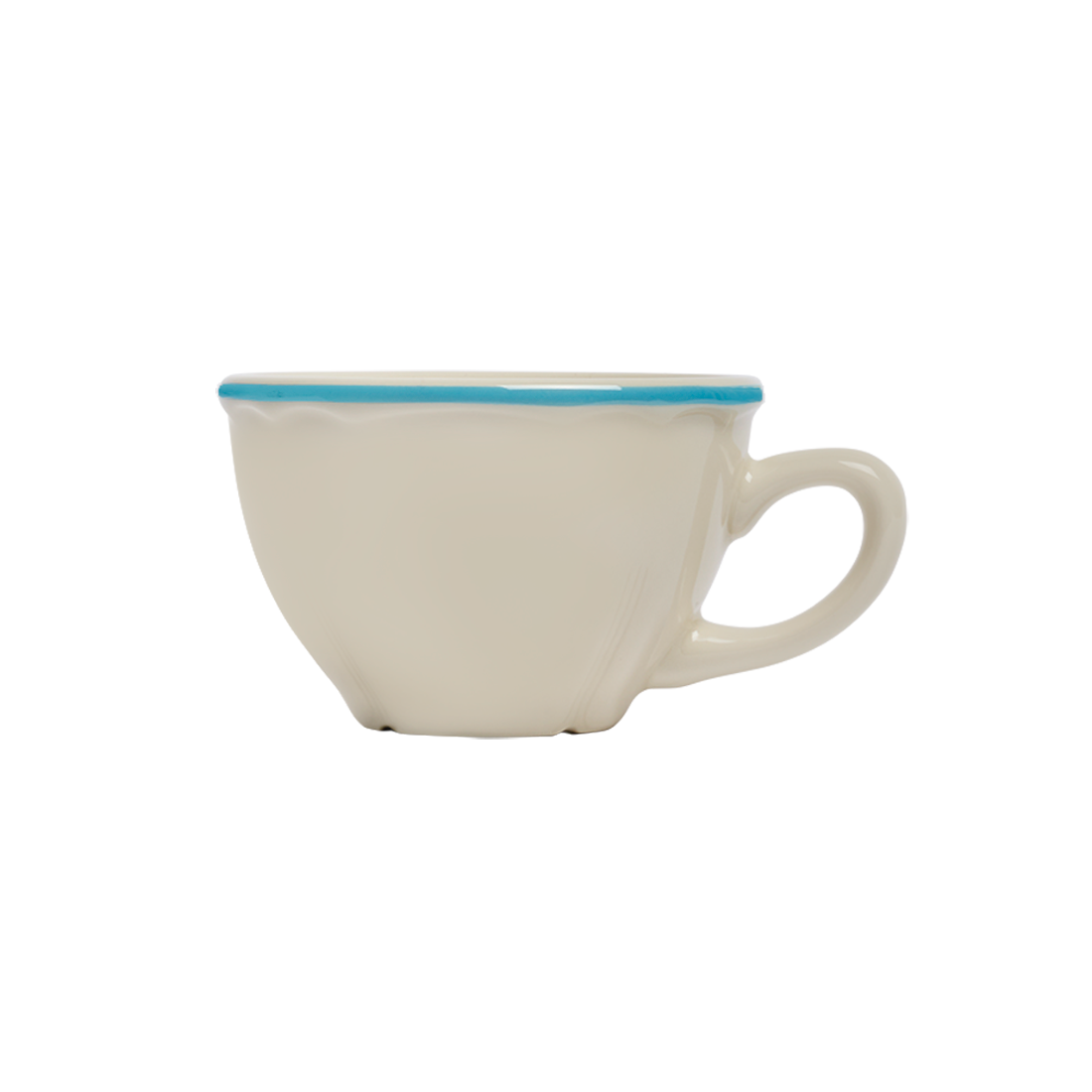 White ceramic cup with a blue rim on a white background