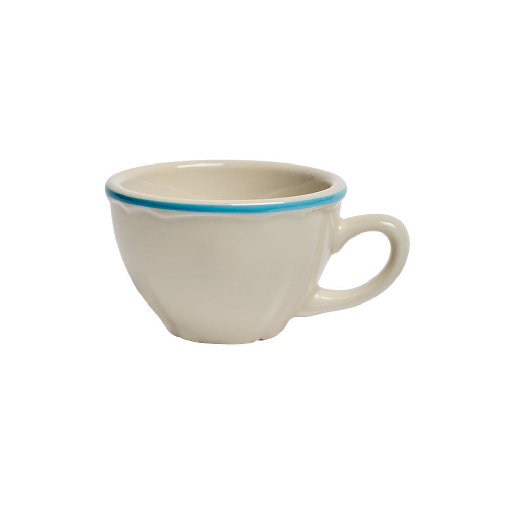 White ceramic mug with a blue rim on a white background