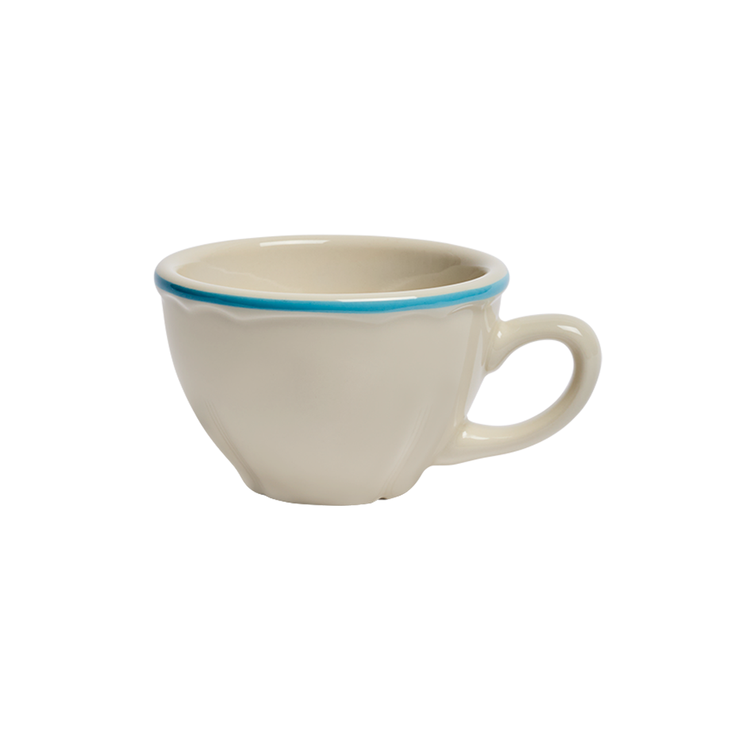 White ceramic mug with a blue rim on a white background