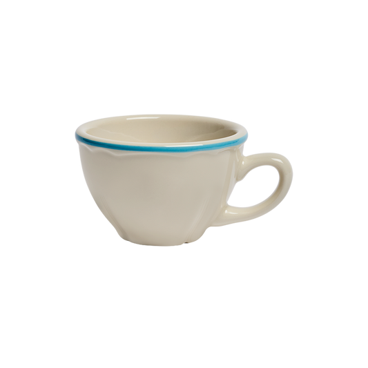 White ceramic mug with a blue rim on a white background