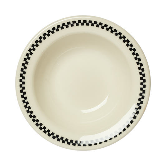 Beige bowl with black checkered rim on a white background
