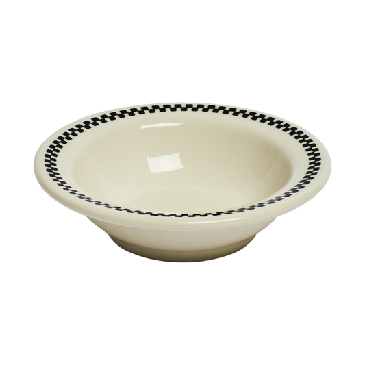 Beige ceramic bowl with black decorative rim on a white background