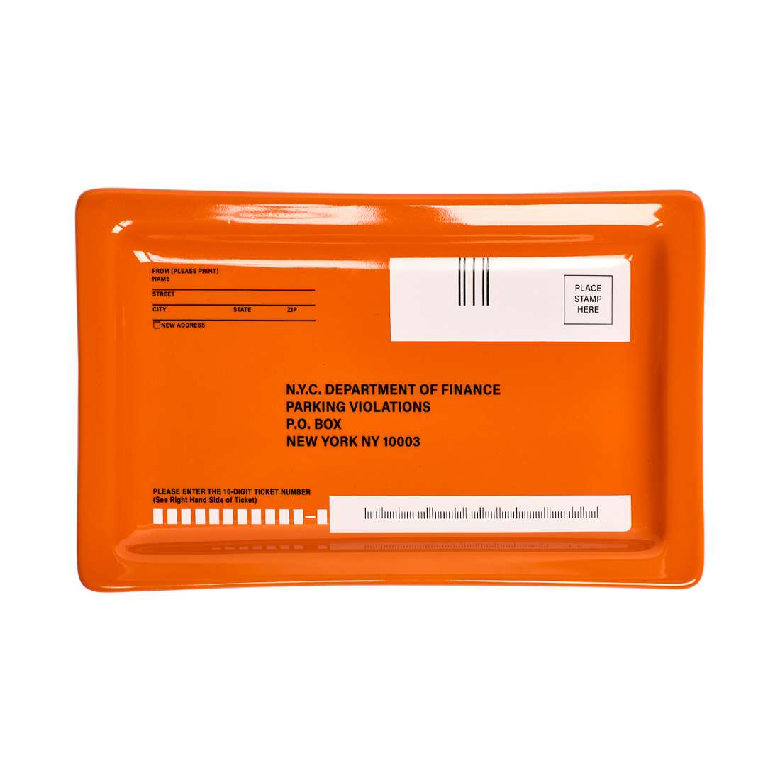 Orange tray with printed text and labels on a white background