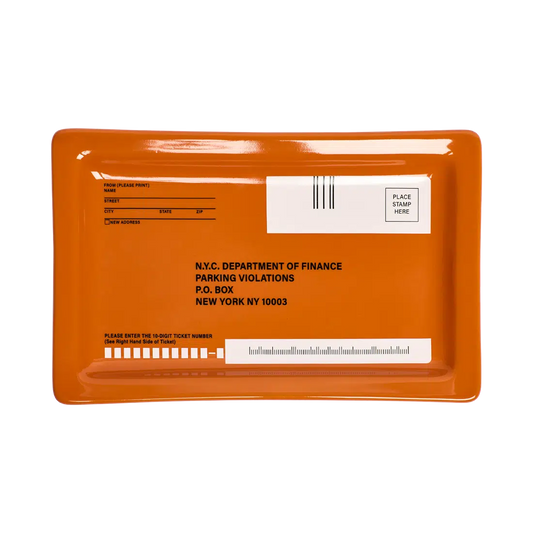 Orange rectangular tray printed like an 'N.Y.C. DEPARTMENT OF FINANCE PARKING VIOLATIONS' envelope