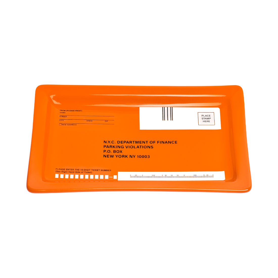 Orange envelope with text and a barcode on a white background