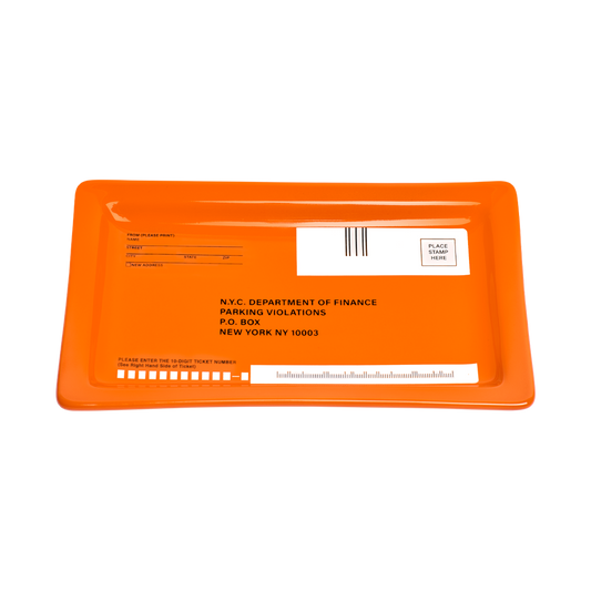 Orange envelope with text and a barcode on a white background