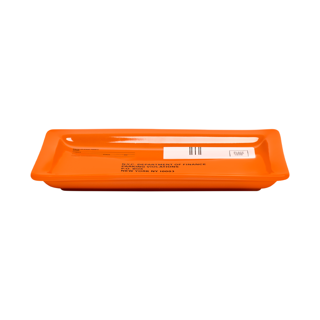 Orange rectangular plastic container with a label on a white background