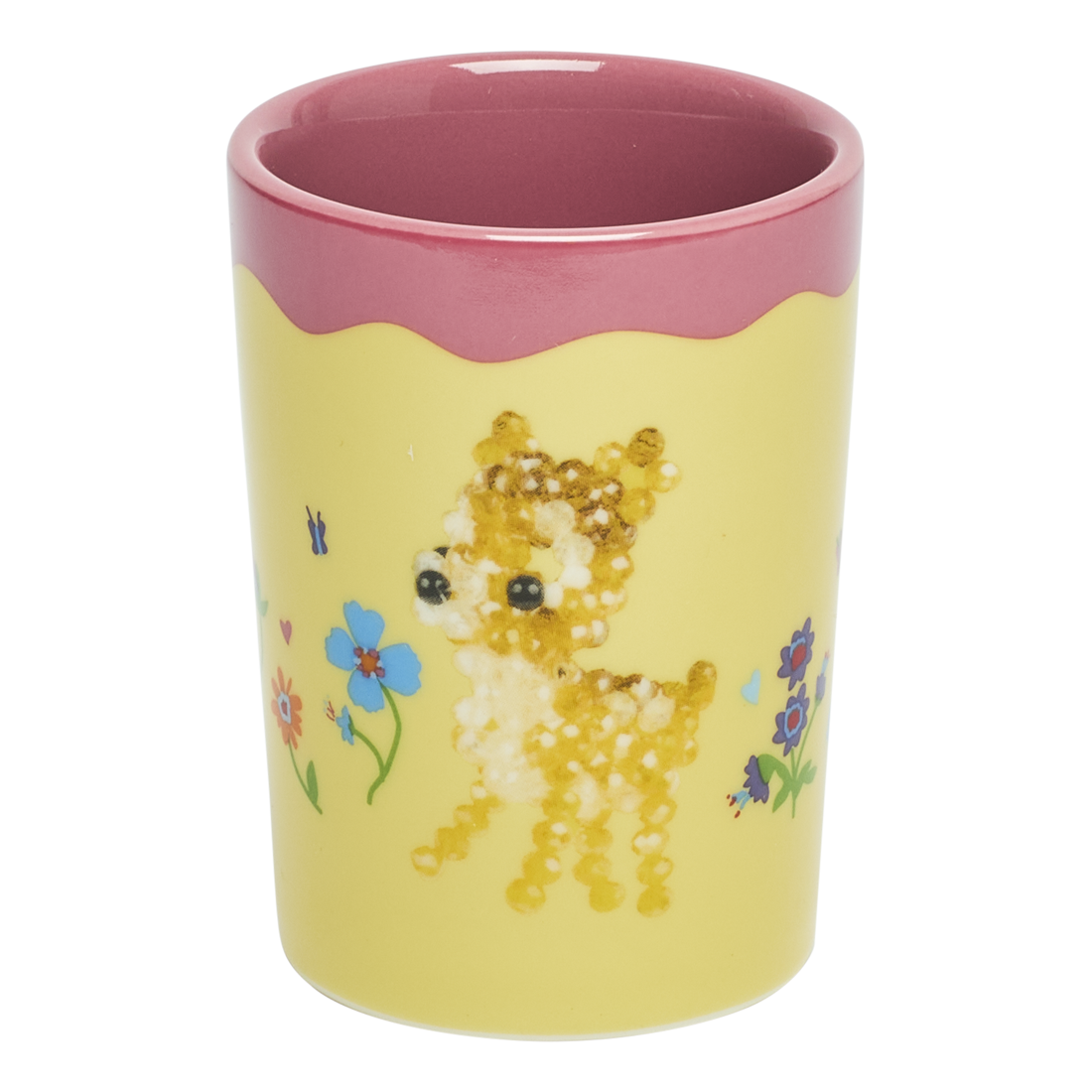 Yellow tumbler with a deer design and pink rim on a white background