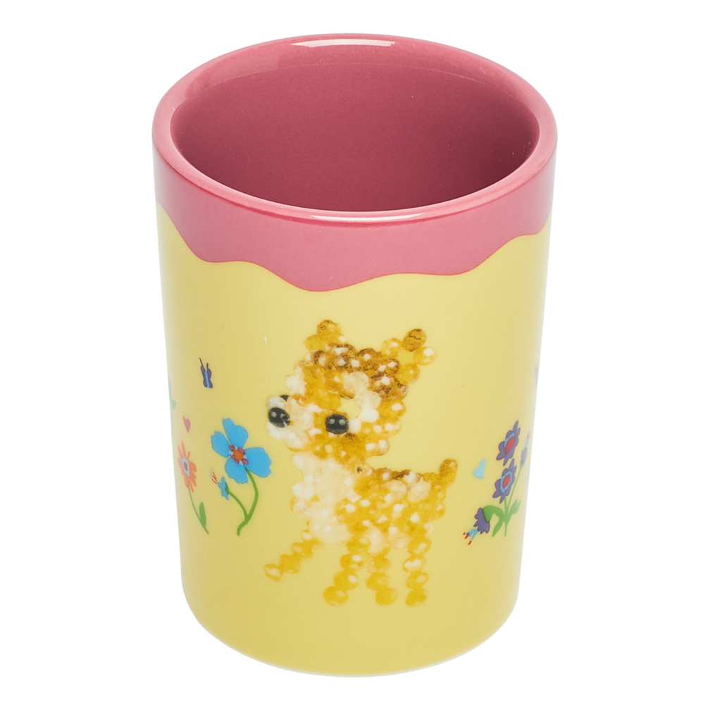 Yellow tumbler with a pink rim featuring a sequined deer design on a white background