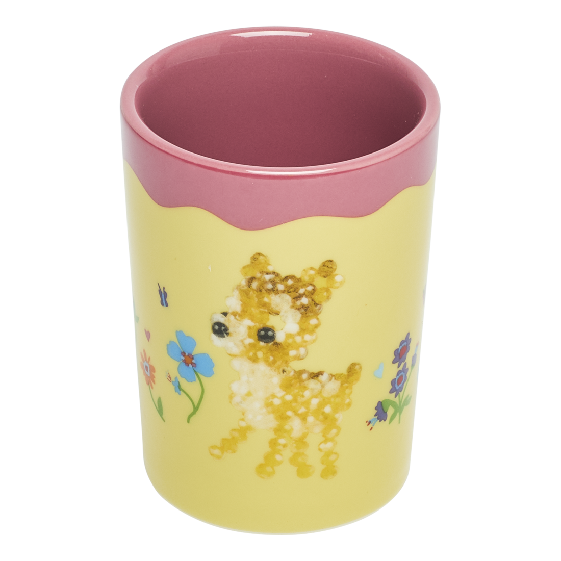 Yellow tumbler with a pink rim featuring a sequined deer design on a white background