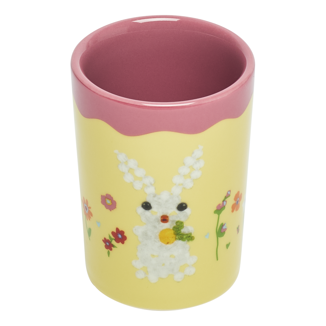Yellow tumbler with a pink rim featuring a bunny design on a white background