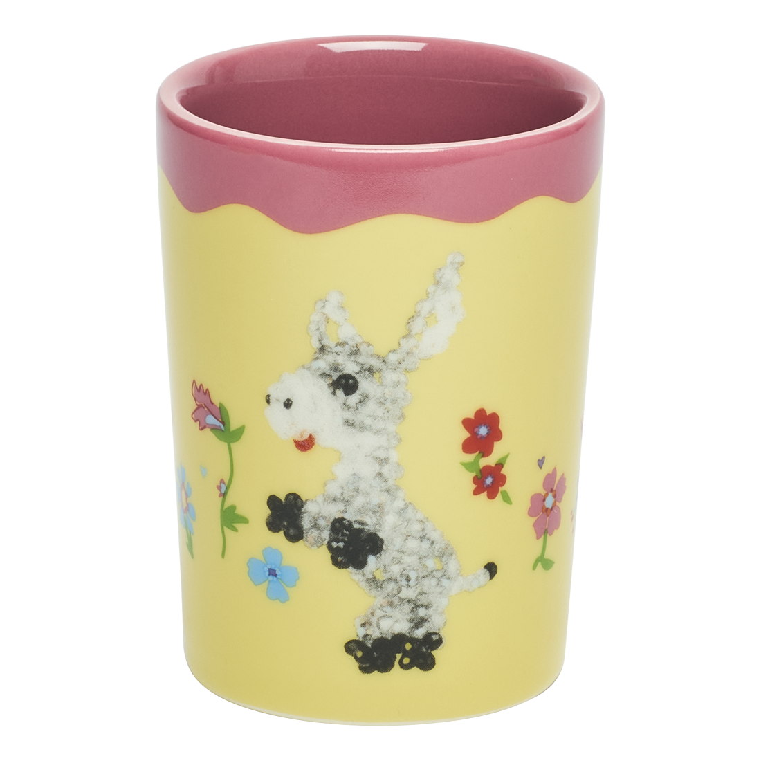 Close-up of Fishs Eddy x Susan Alexandra Donnie the Donkey Cup, cup with illustrated design by Susan Alexandra