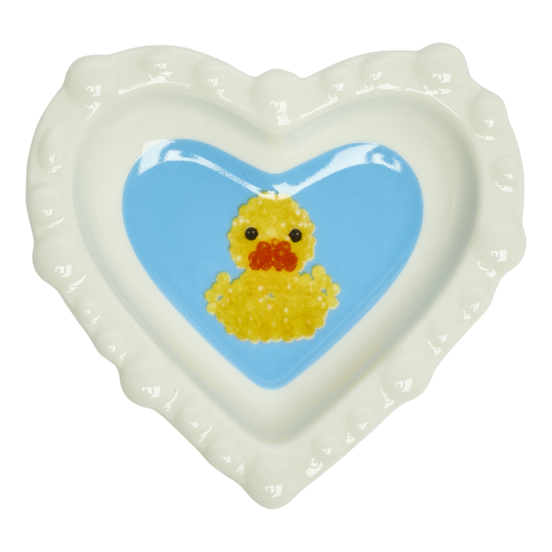 Heart-shaped dish with a yellow rubber duck on a blue background