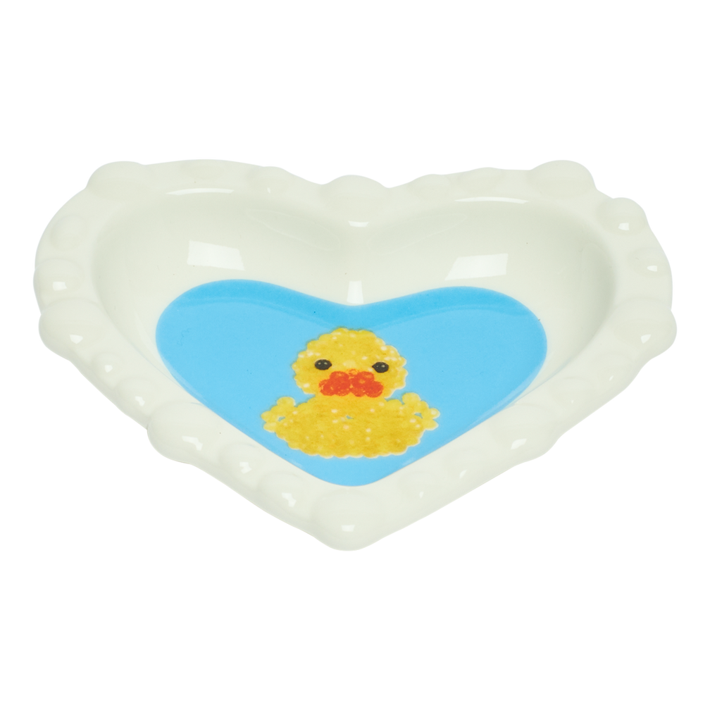 Heart-shaped object with a yellow rubber duck on a blue heart background