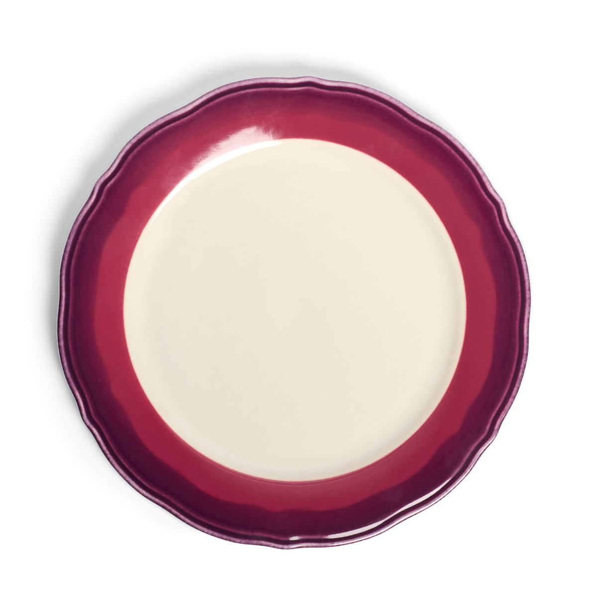 2-tone Scallop - Garnet/beet - Dinner Plate tableware, with a clean, polished finish and distinctive shape or artwork; a useful size for meals, appetizers, desserts, snacks, or layered place settings. Primary product view highlights the overall design and proportions.