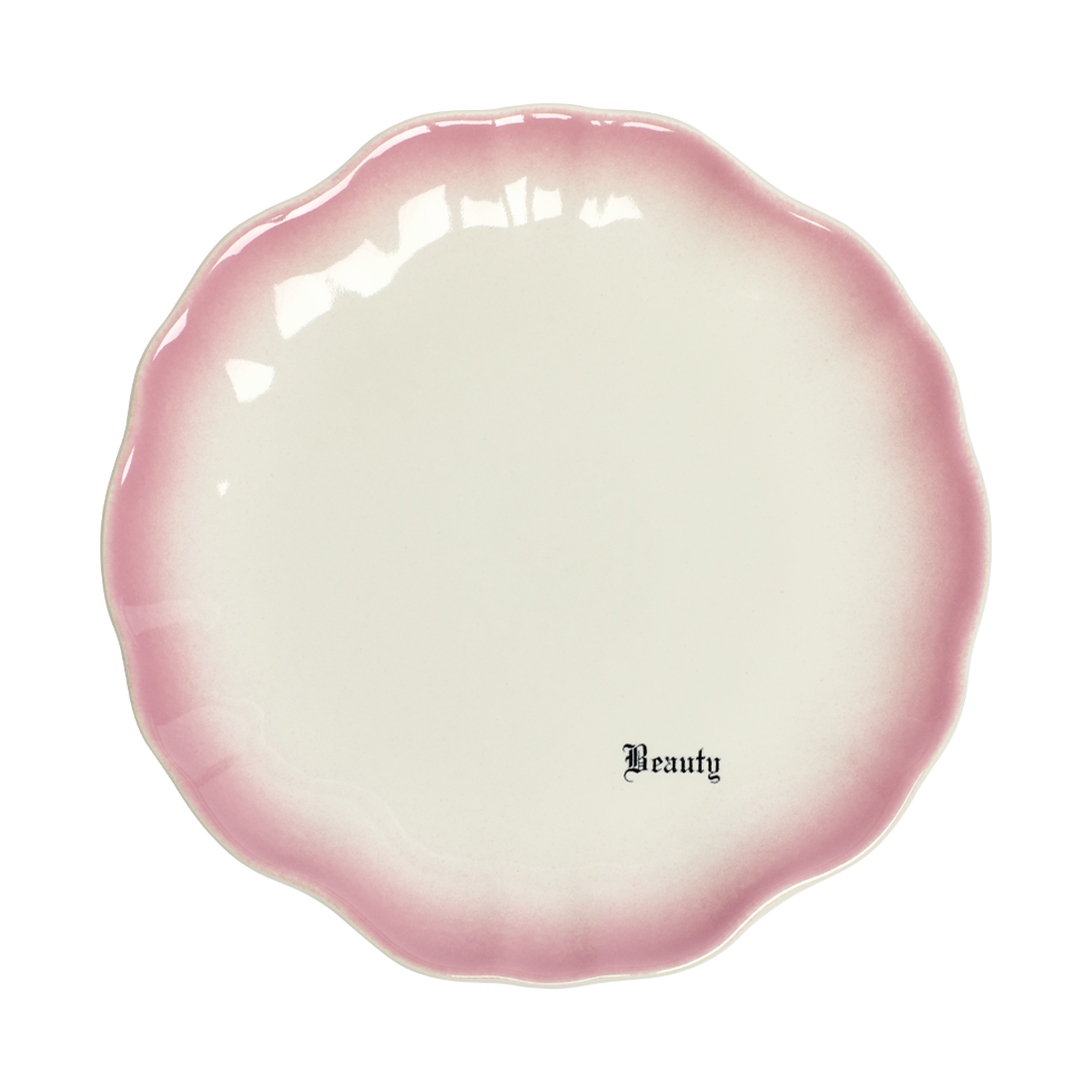 Pink and white ceramic dish with 'Beauty' text on a white background