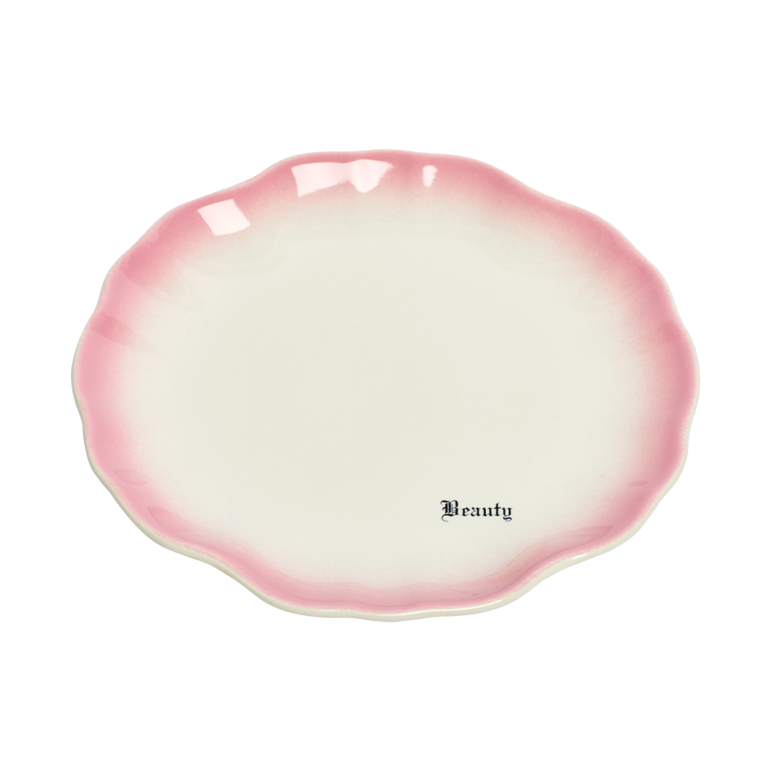 Pink and white ceramic dish with 'Beauty' text on a white background
