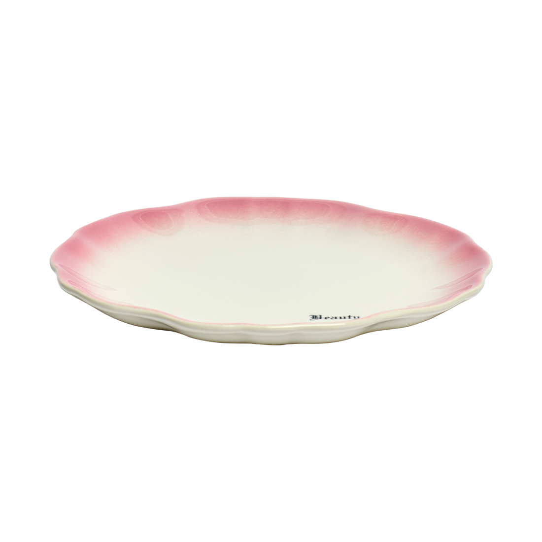 Ceramic plate with pink rim on a white background