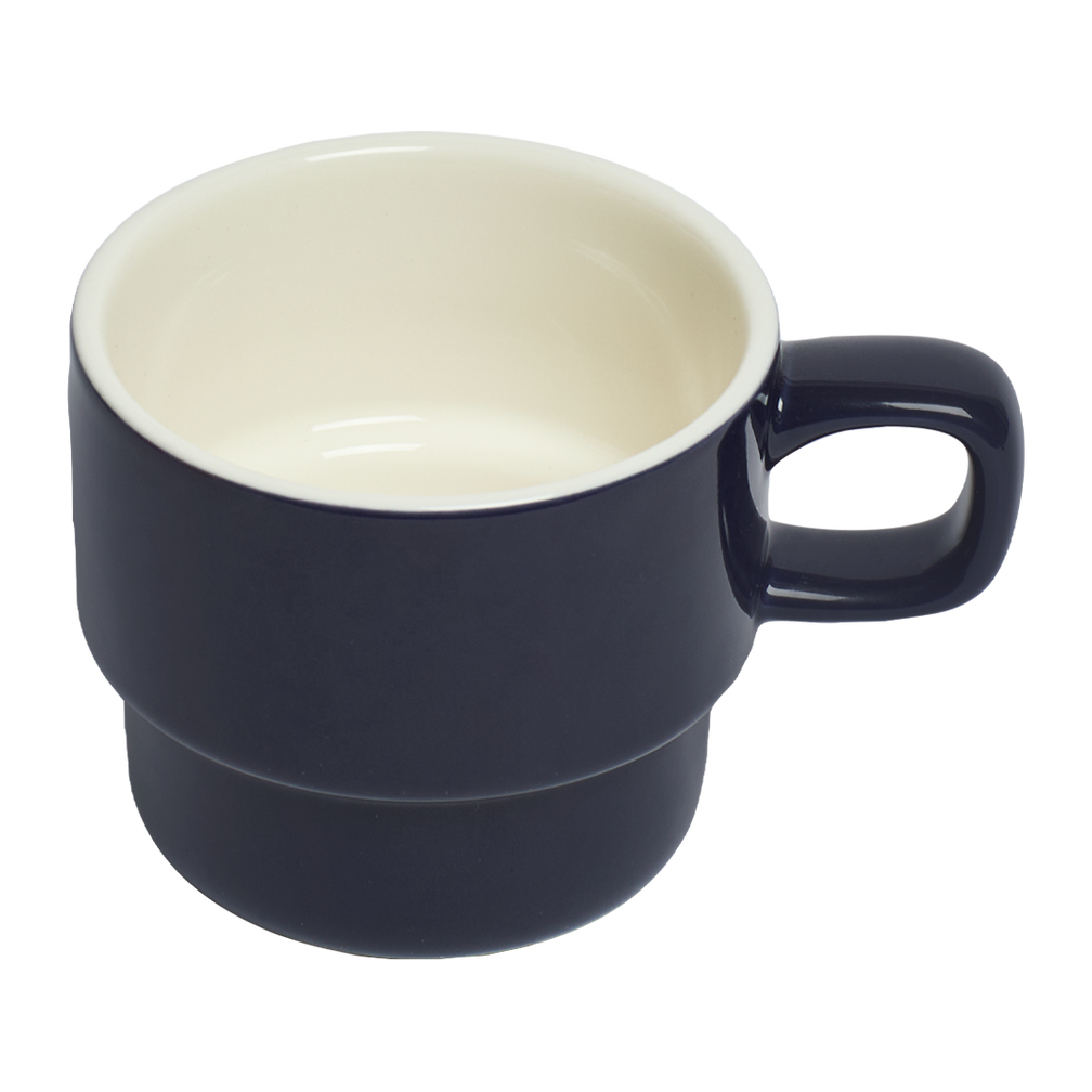 Navy blue mug with a white interior on a white background