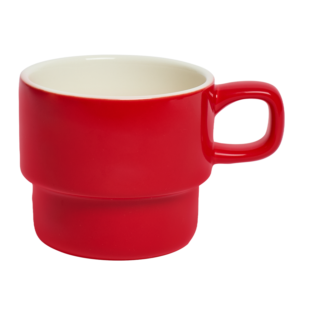 Red ceramic mug with a white interior on a white background