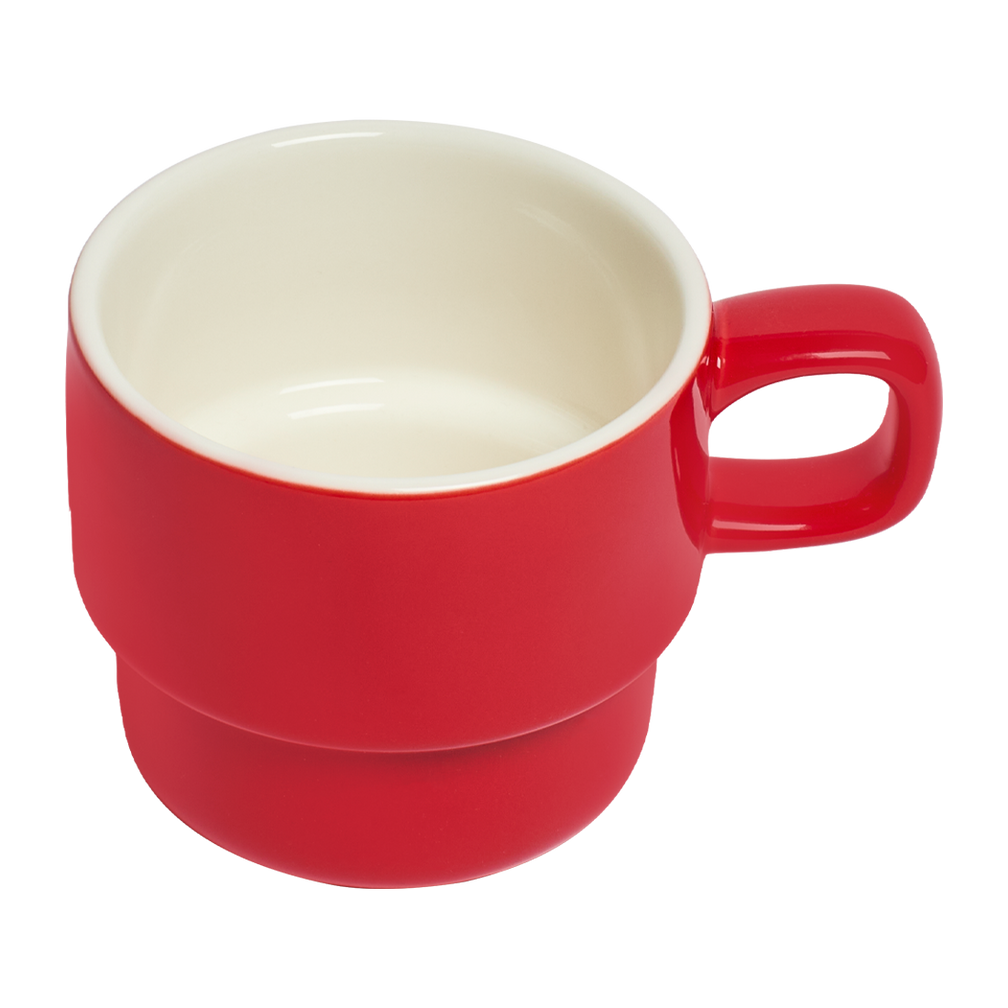 Red ceramic mug with a white interior on a white background