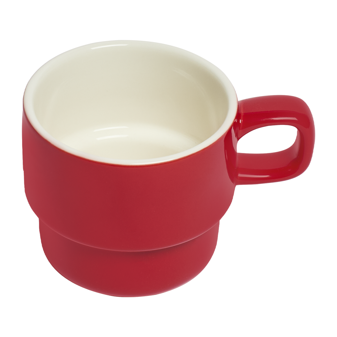 Red ceramic mug with a white interior on a white background