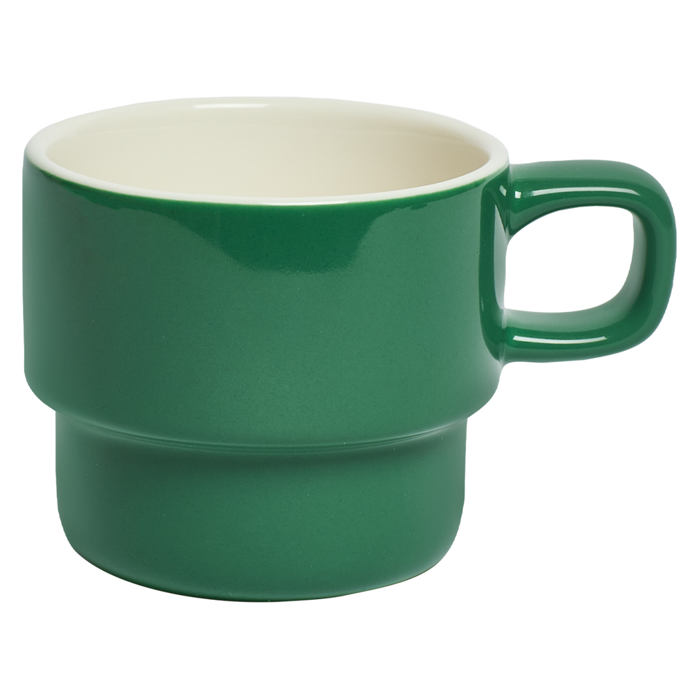 Green ceramic mug with a white interior on a white background