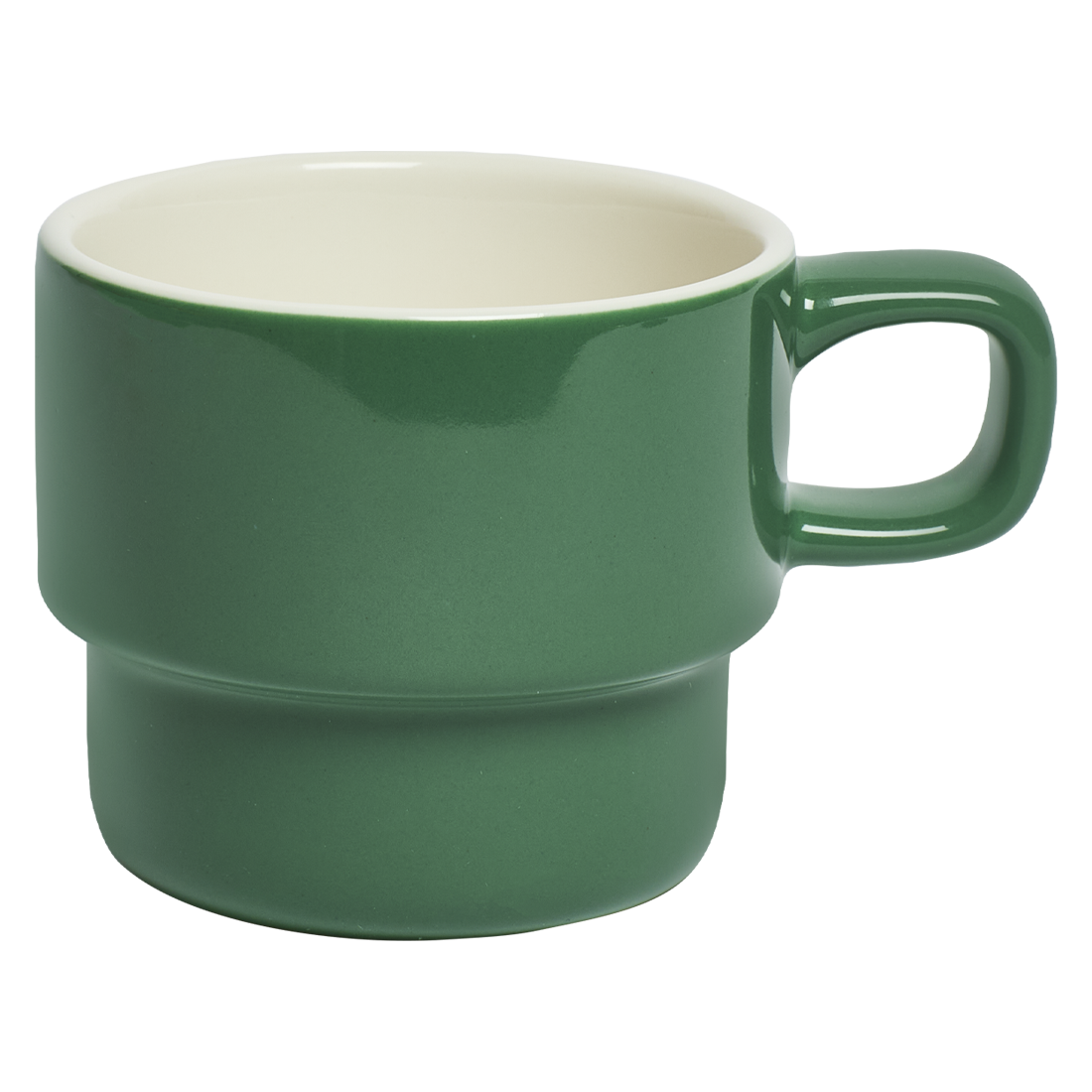 Green ceramic mug with a white interior on a white background