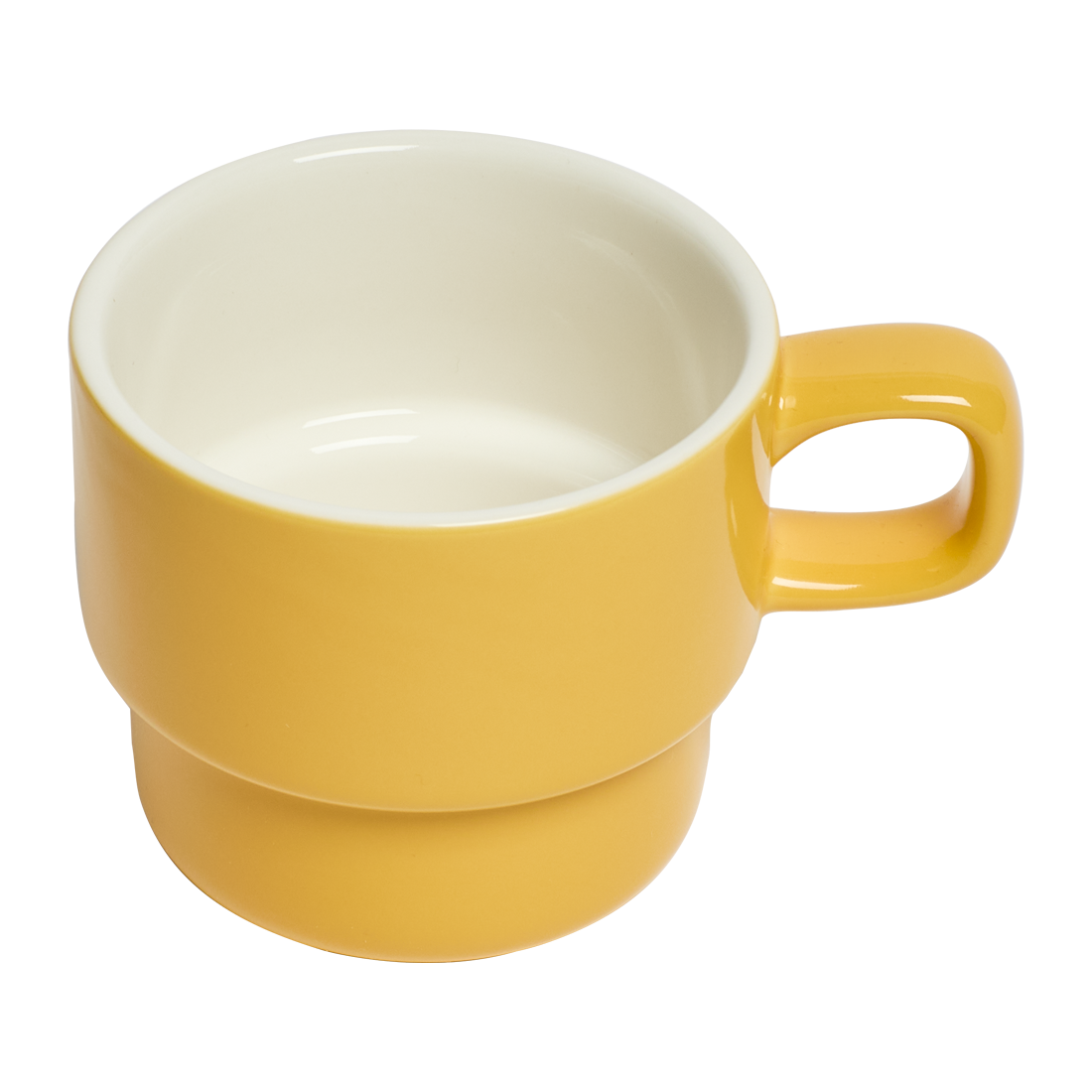 Yellow ceramic mug with a white interior on a white background