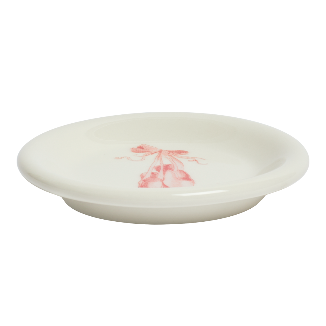 White ceramic plate with a pink floral design on a white background