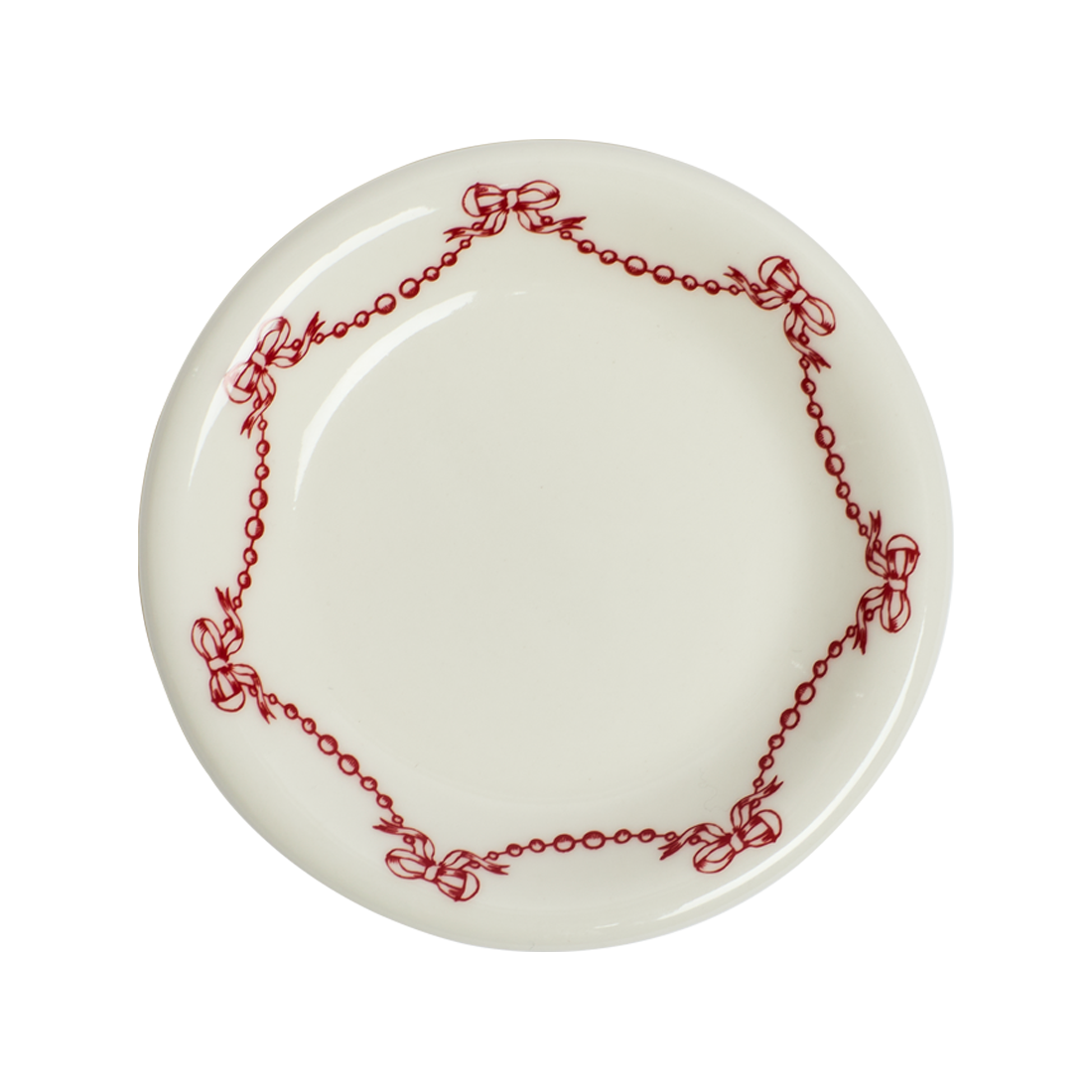 White plate with red decorative border on a white background