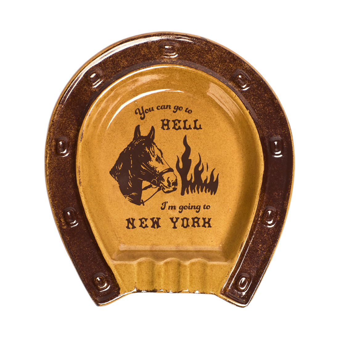 Horseshoe-shaped ceramic coaster with humorous text and horse illustration on a white background