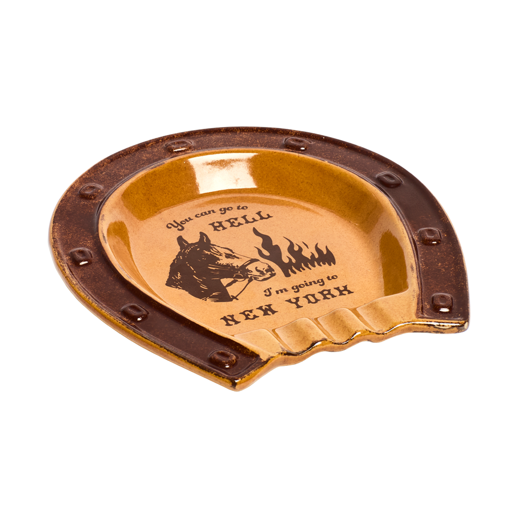 Horseshoe-shaped ashtray with text and horse graphic on a white background