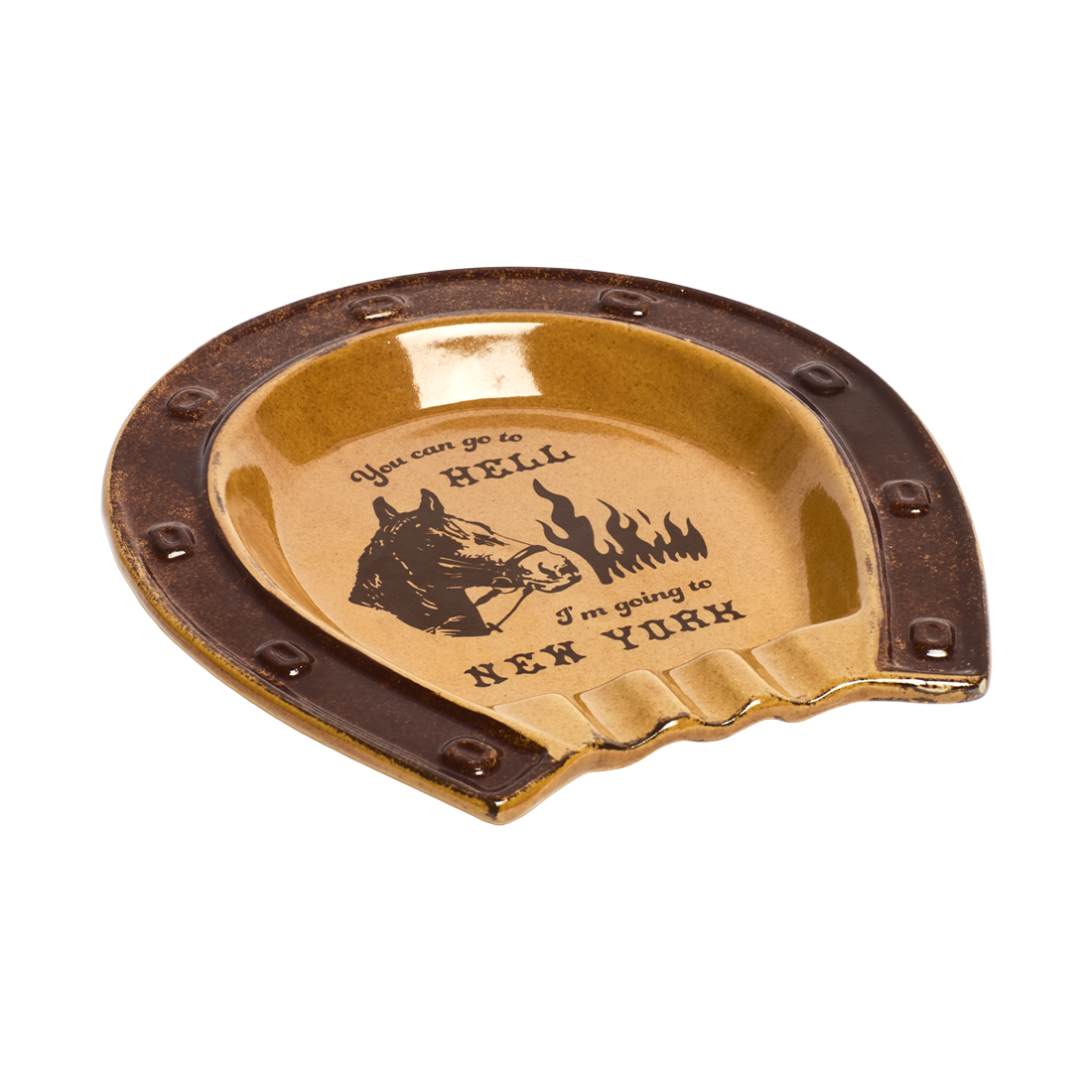 Horseshoe-shaped ashtray with text and horse graphic on a white background