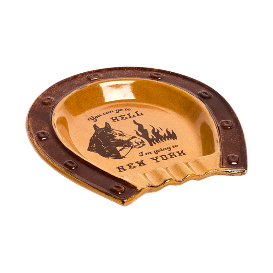 Horseshoe-shaped ashtray with text and horse graphic on a white background