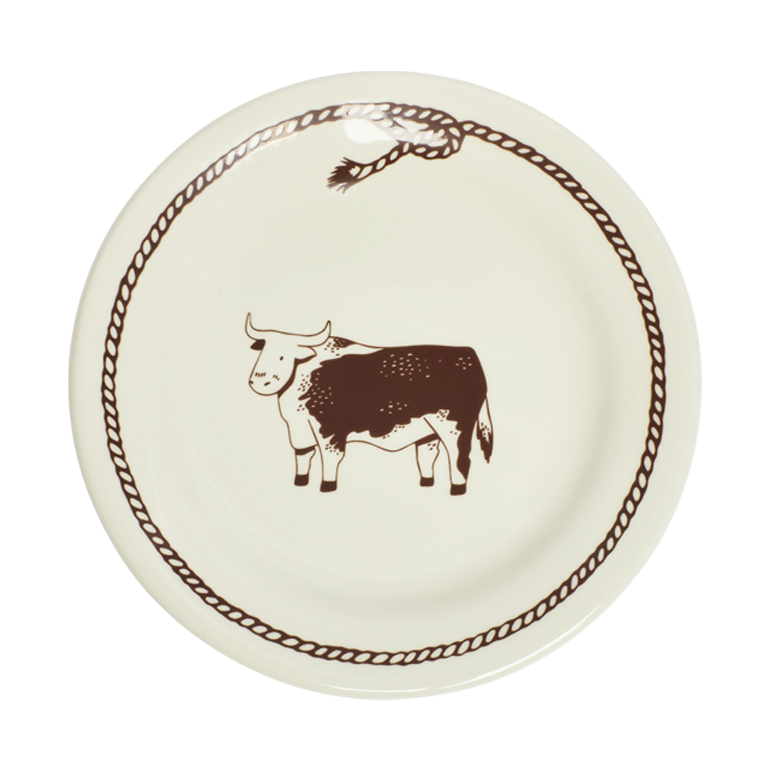 Round plate with a brown cow illustration on a white background