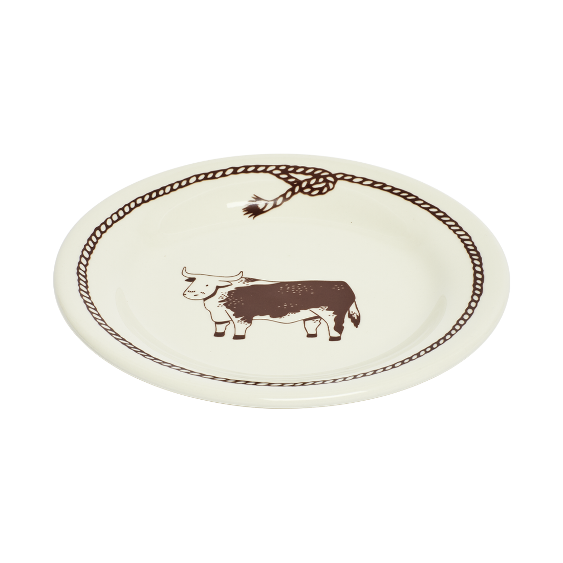 Round ceramic plate with a bull design and decorative border on a white background