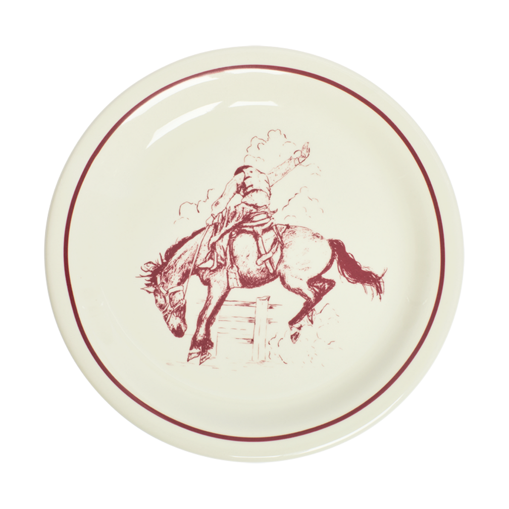 Ceramic plate with a red border and graphic of a person on horseback on a white background