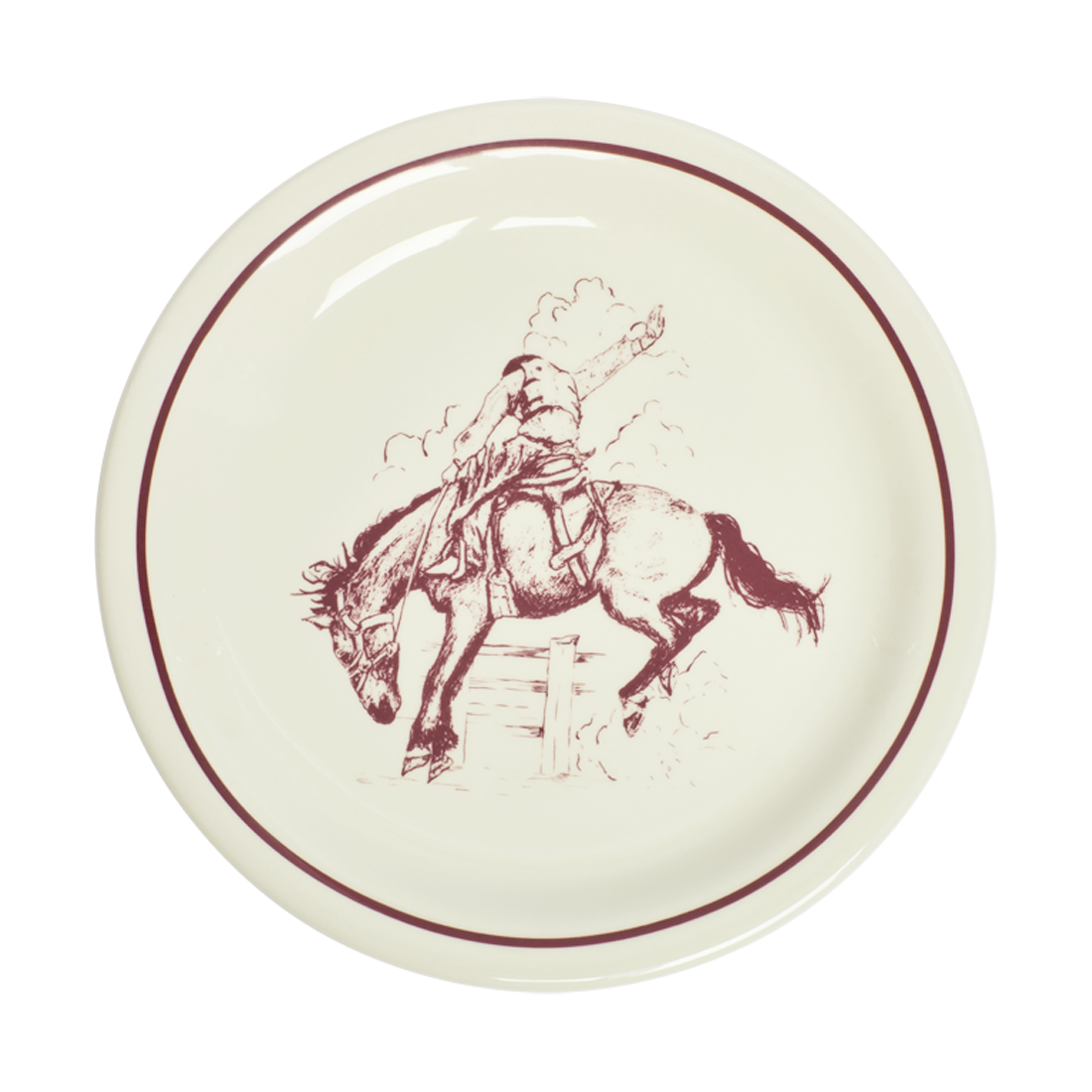 Ceramic plate with a red border and graphic of a person on horseback on a white background