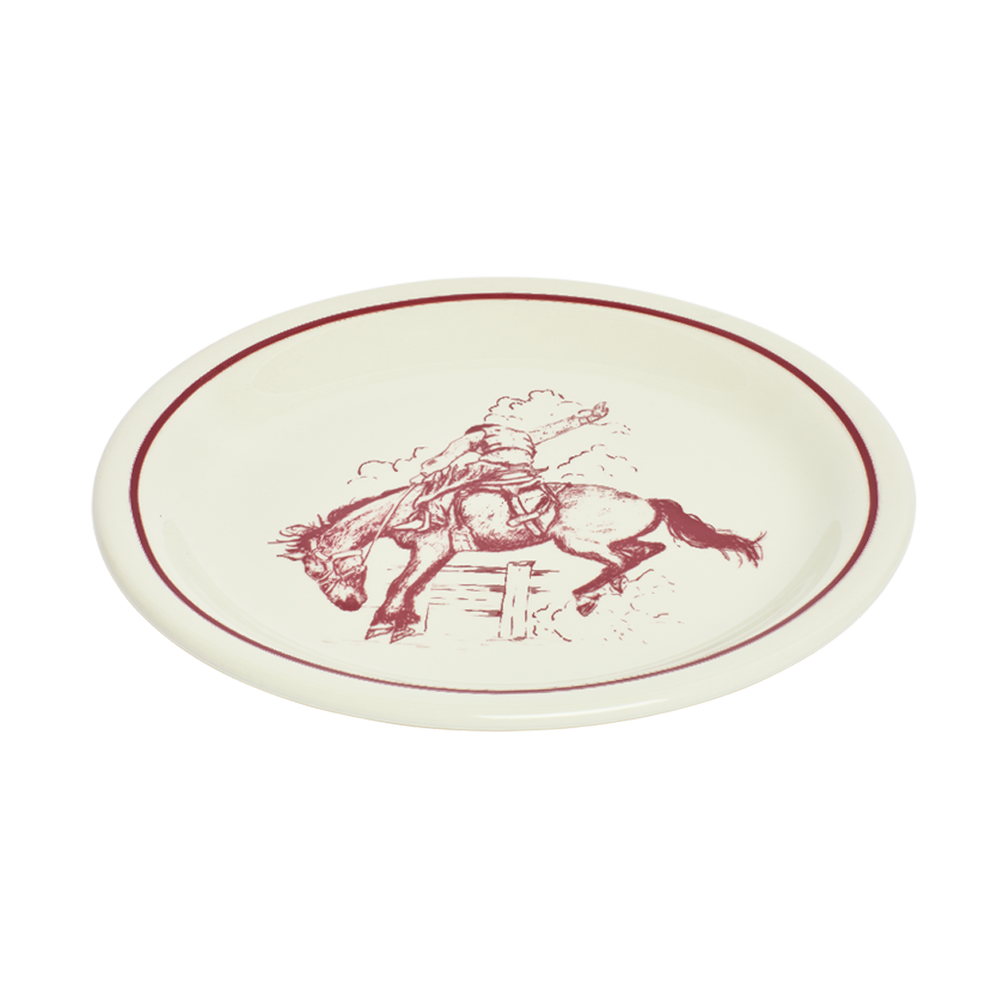 Round plate with a horse and rider design on a white background