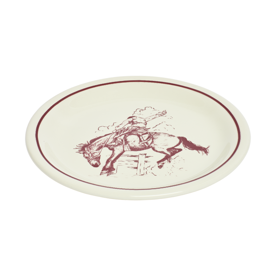 Round plate with a horse and rider design on a white background