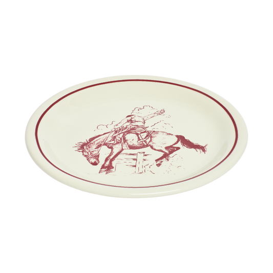 Round plate with a horse and rider design on a white background