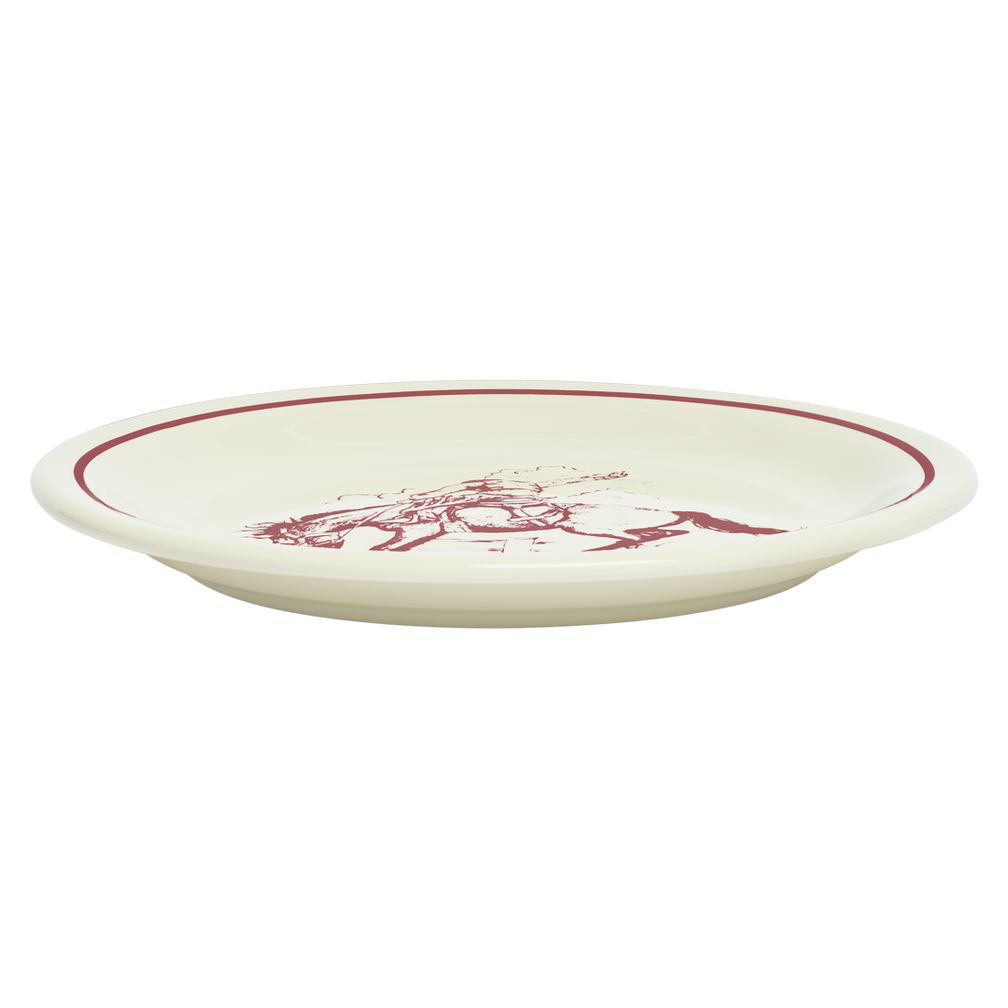 White plate with red rim and purple design on a white background
