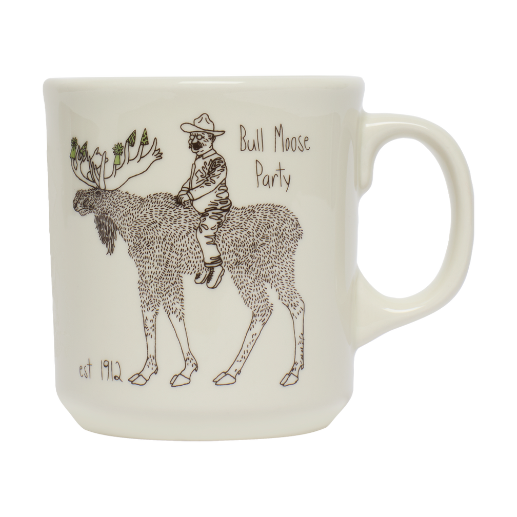 Mug with illustration of a man riding a moose and 'Bull Moose Party' text on a white background