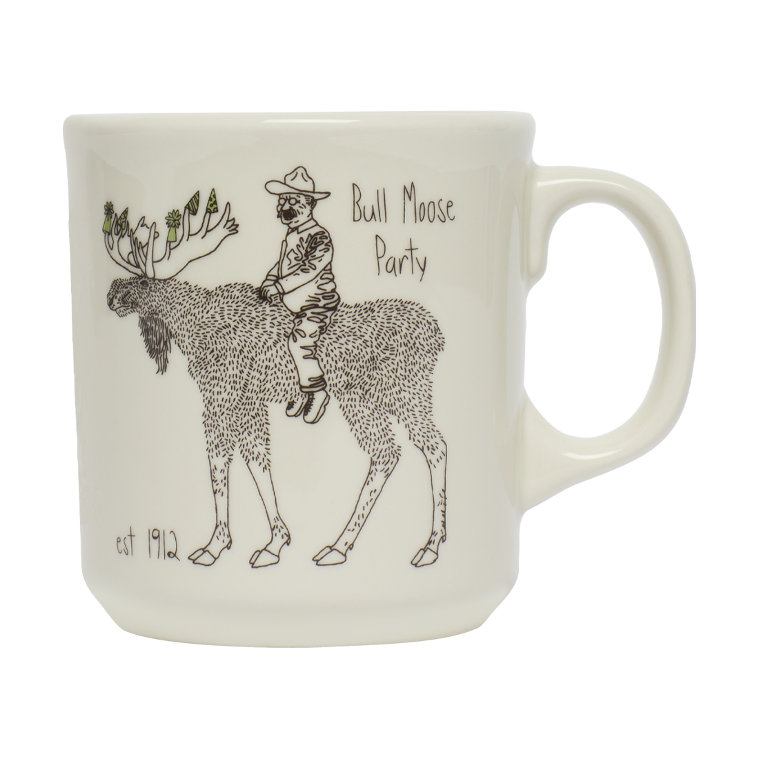 Mug with illustration of a man riding a moose and 'Bull Moose Party' text on a white background
